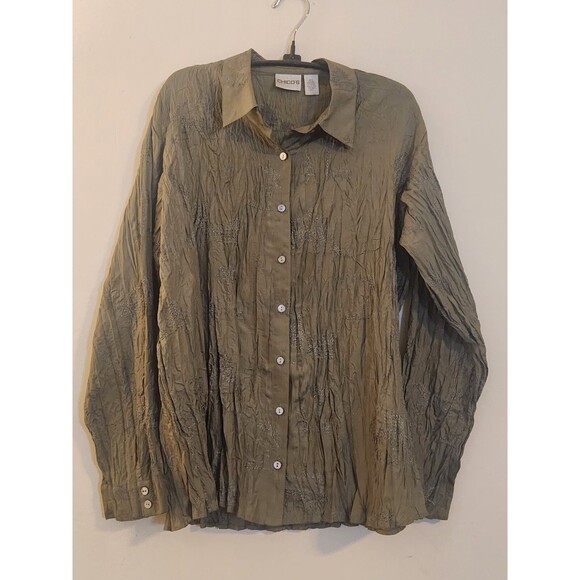 Chico's Size 1(10) Green Crinkle Silk Embroidered Long Sleeve Button Down Blouse - Picture 1 of 7